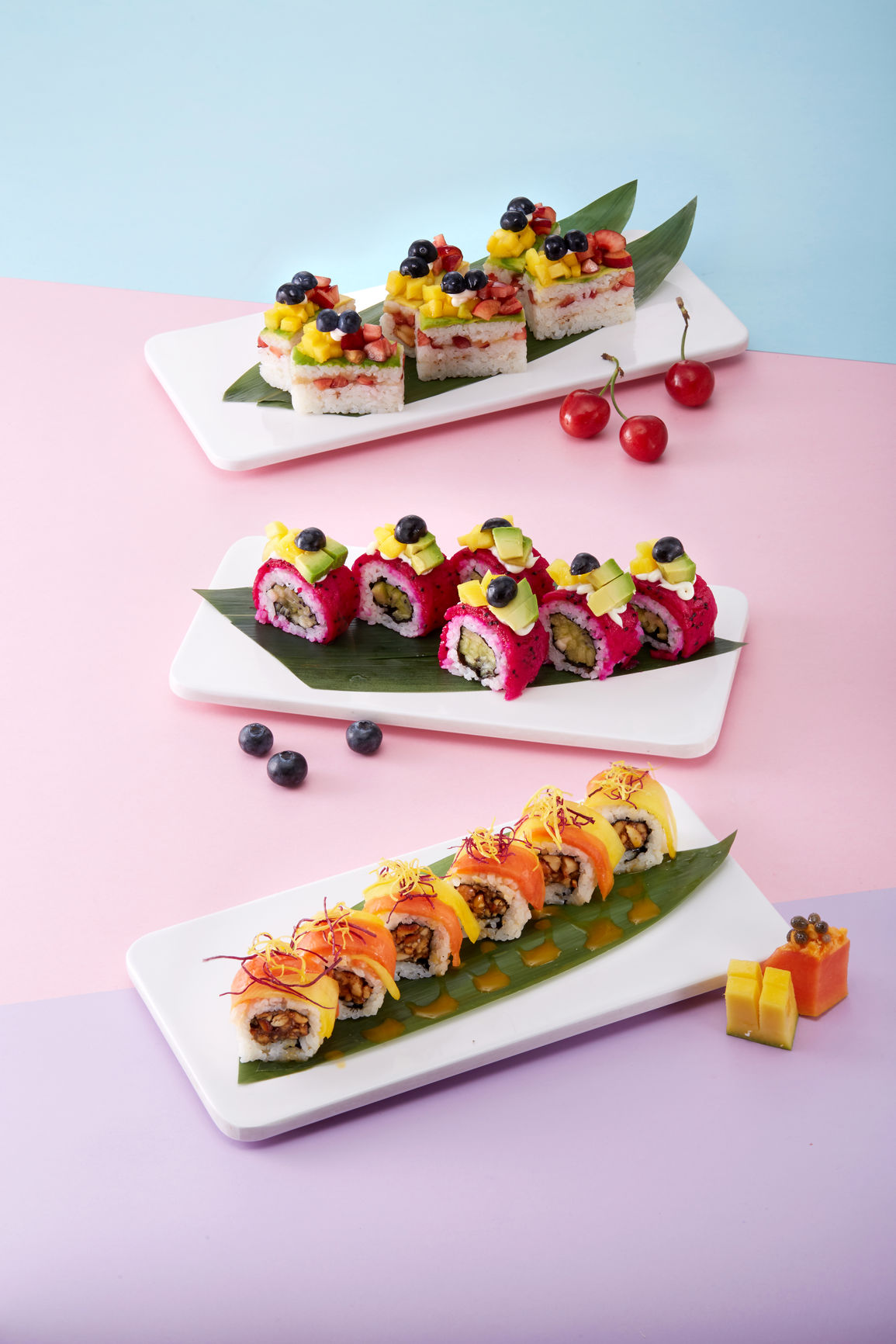 dessert sushi in a colorful seasonal arrangement for a wedding